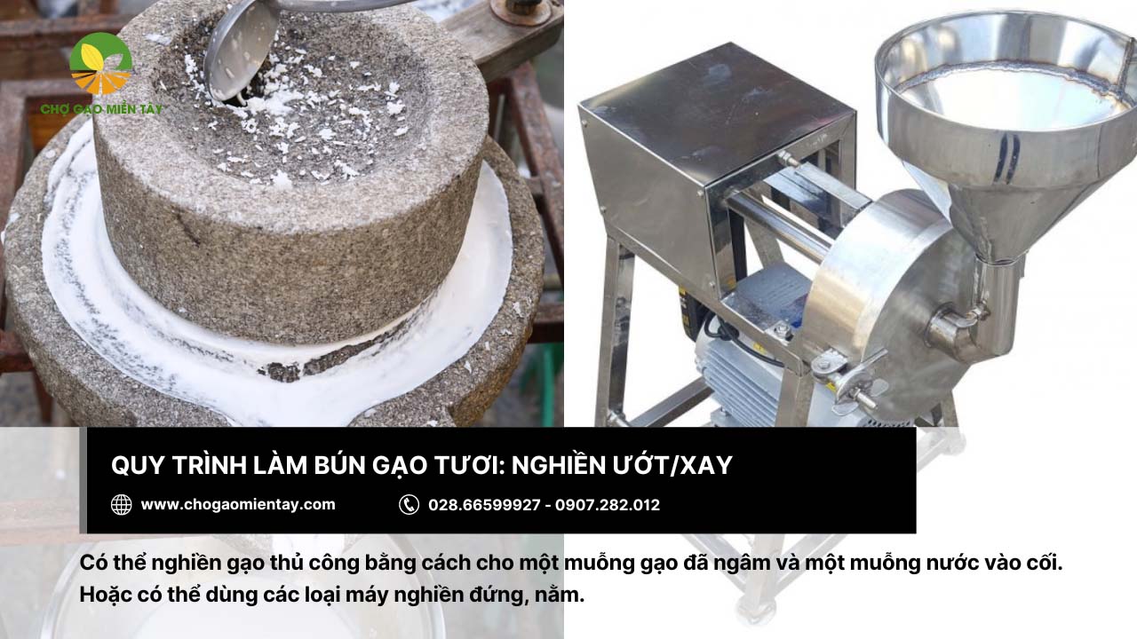 Có thể dùng cối thủ công hoặc máy công nghiệp để nghiền gạo